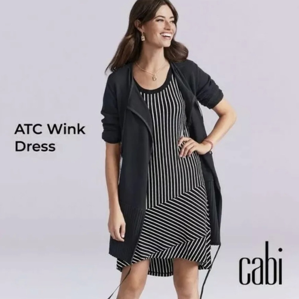Cabi ATC Wink Black And White Striped Asymmetric Hem Dress